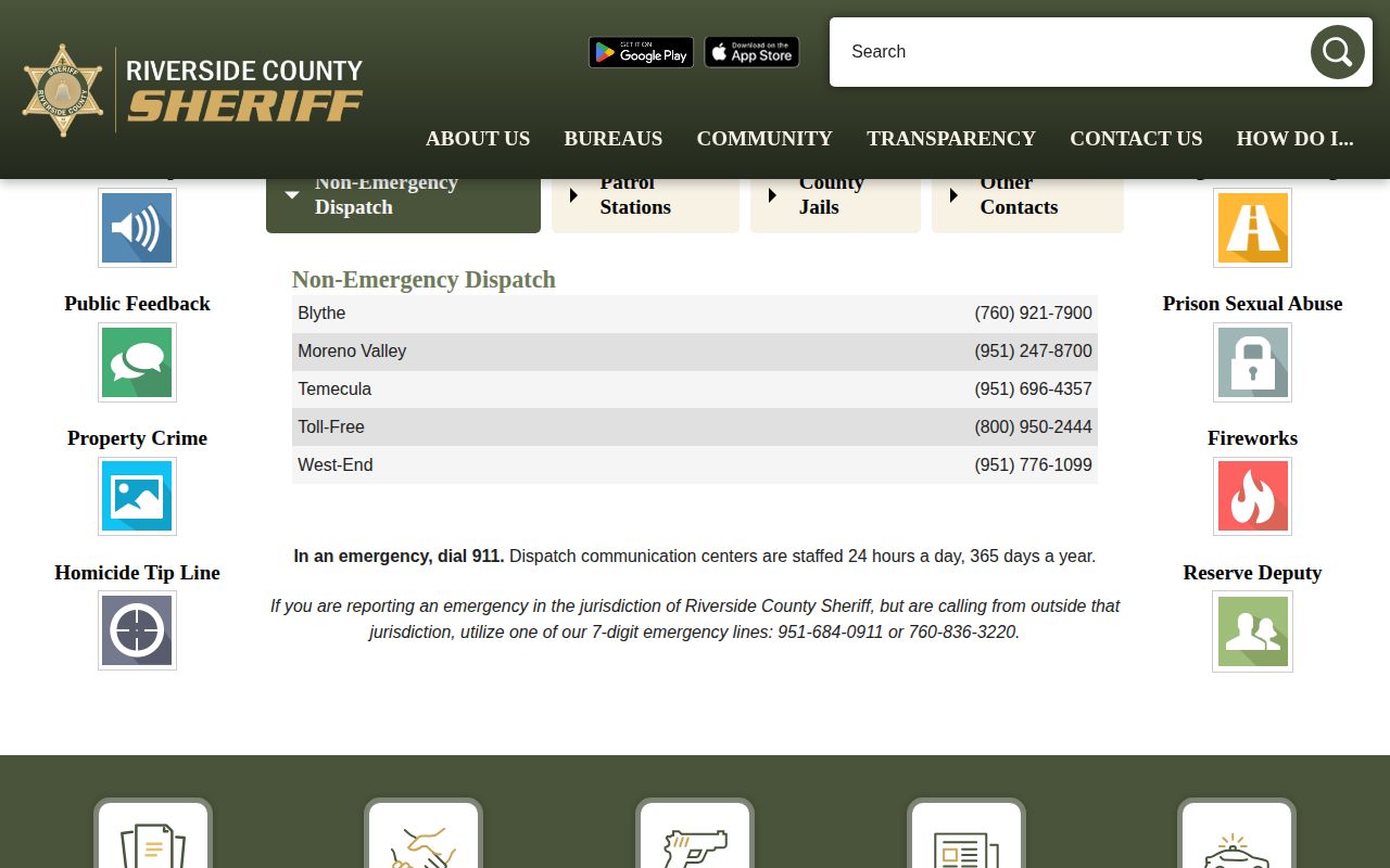 Riverside County Sheriff contact directory for arrest and jail verification