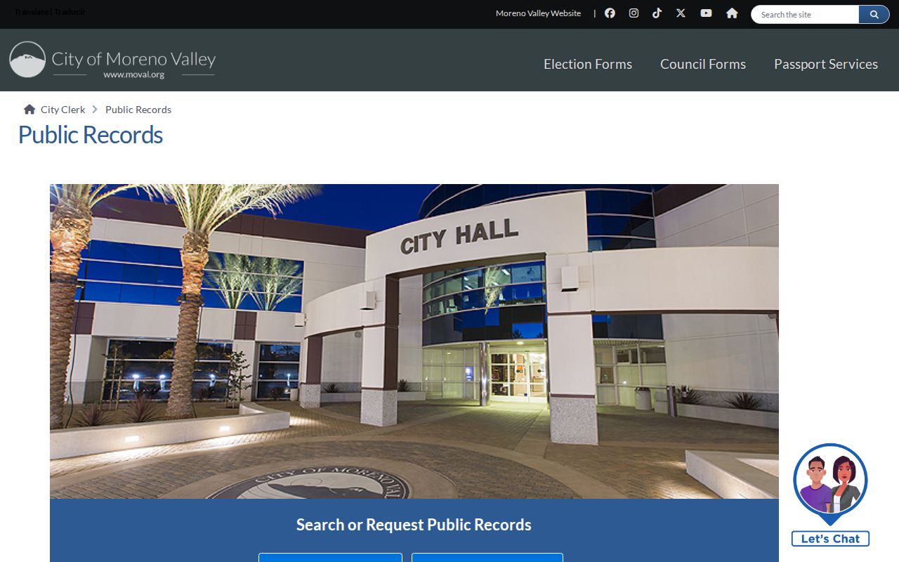 Moreno Valley public records page directing police requests to the Sheriff