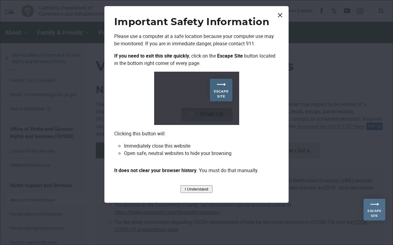 California CDCR Victim Services application and VINE information page