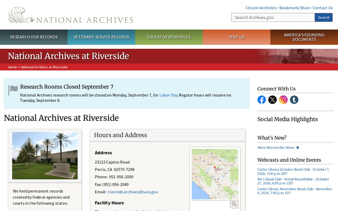 National Archives at Riverside page illustrating the federal and county archive distinction