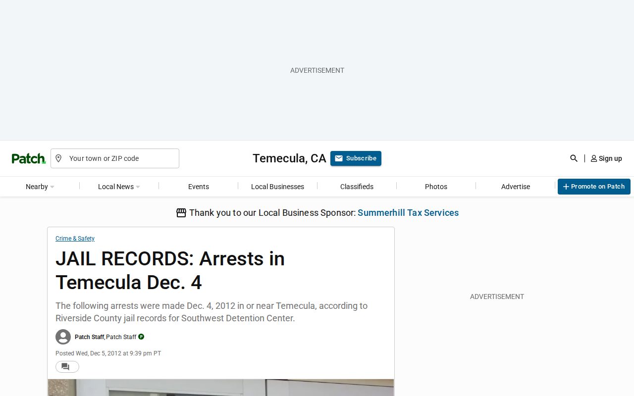 Historical Patch jail-records article concerning Riverside County arrests