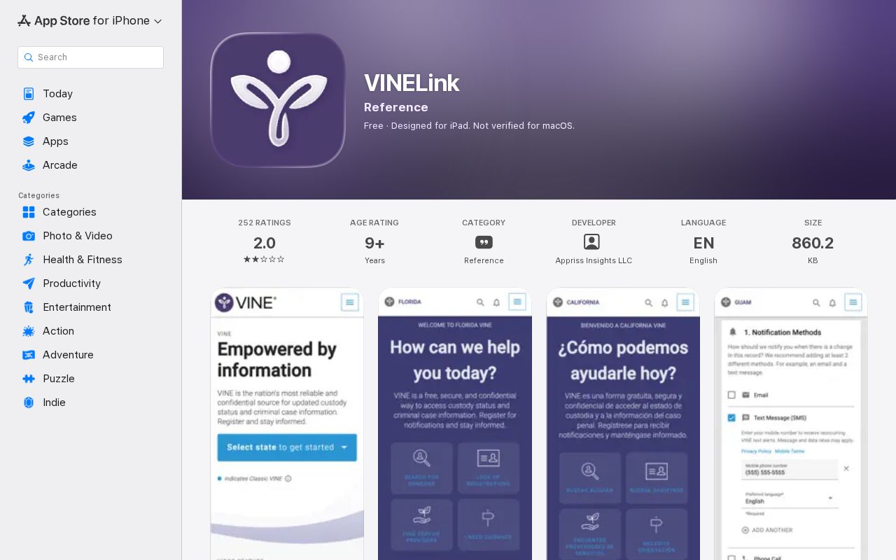 Official VINELink mobile application listing for custody notifications