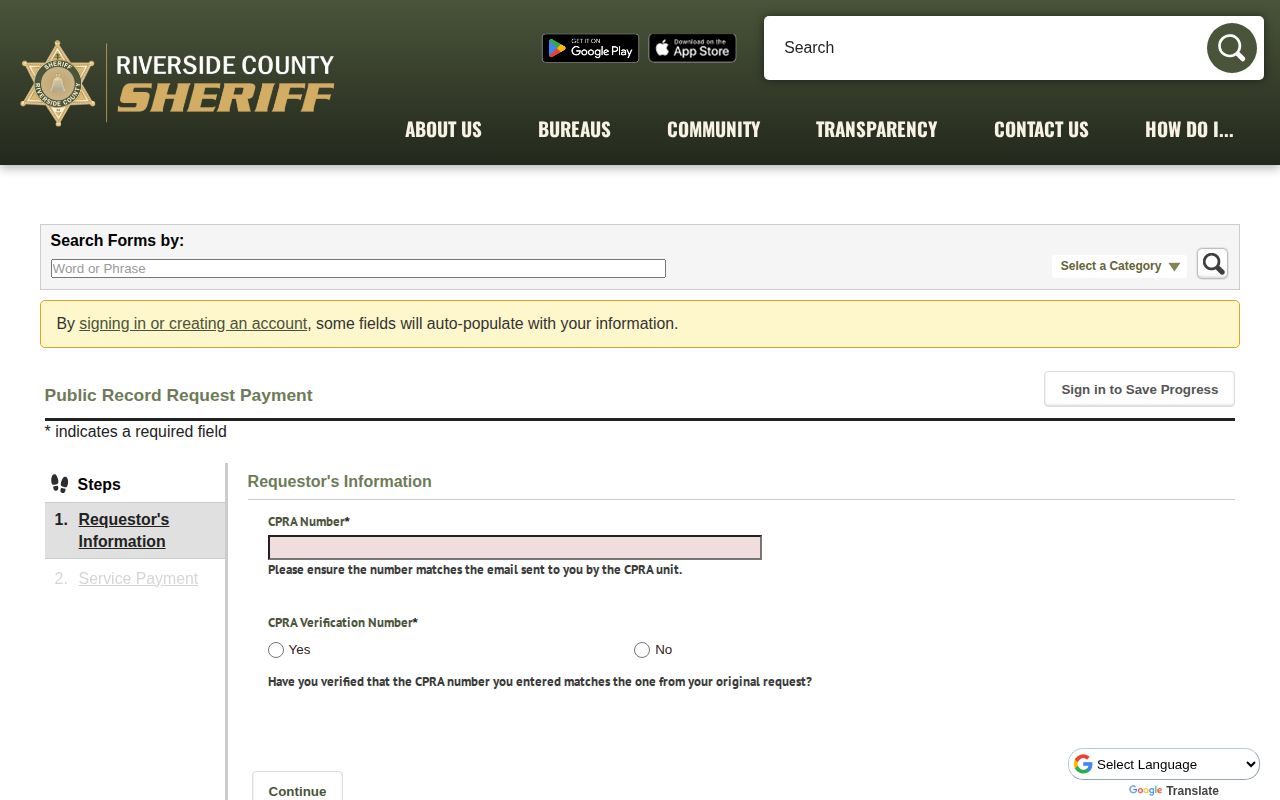 Riverside County arrest record CPRA payment form